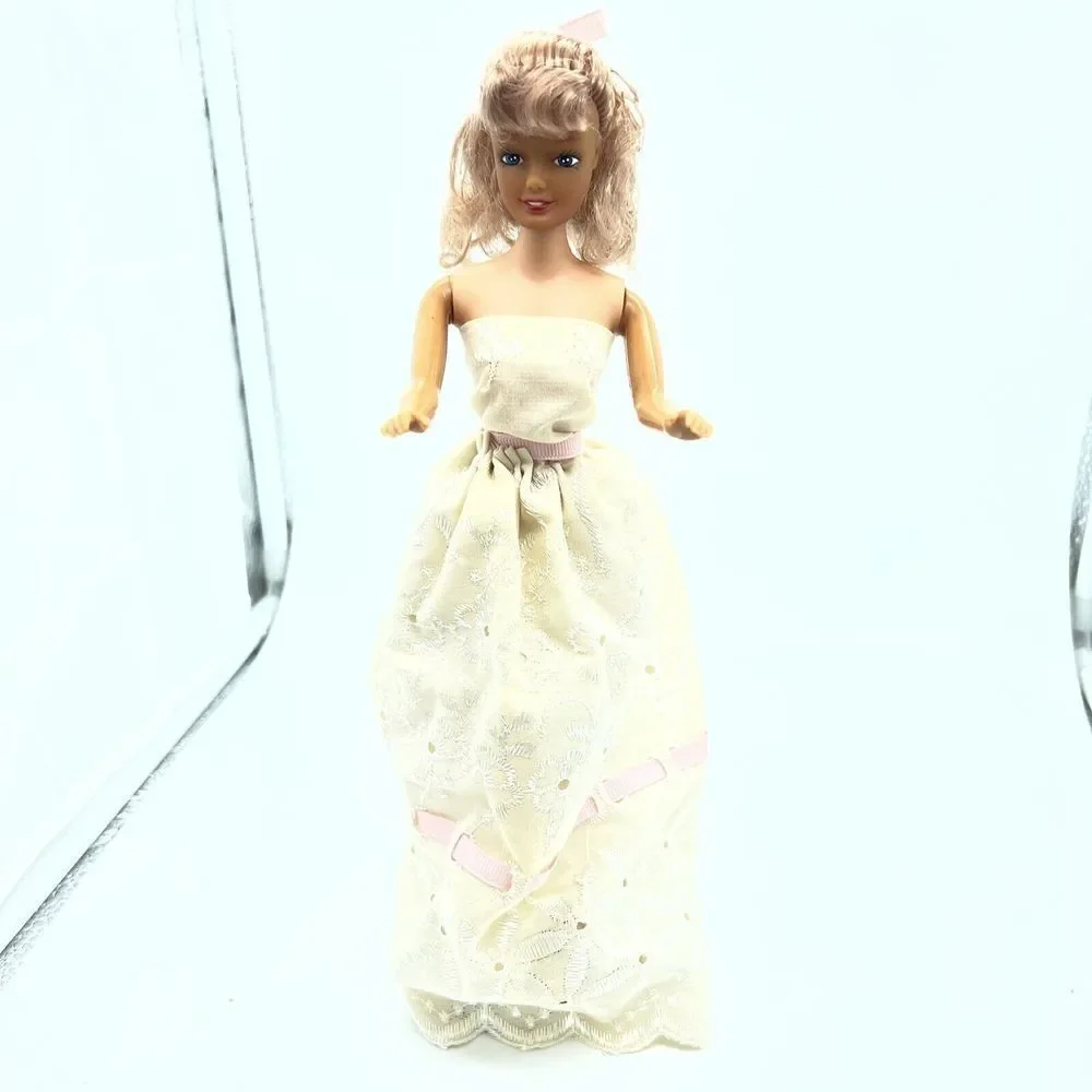 Doll Wearing Vintage White Long Ribbon Tie Up Lace Dress